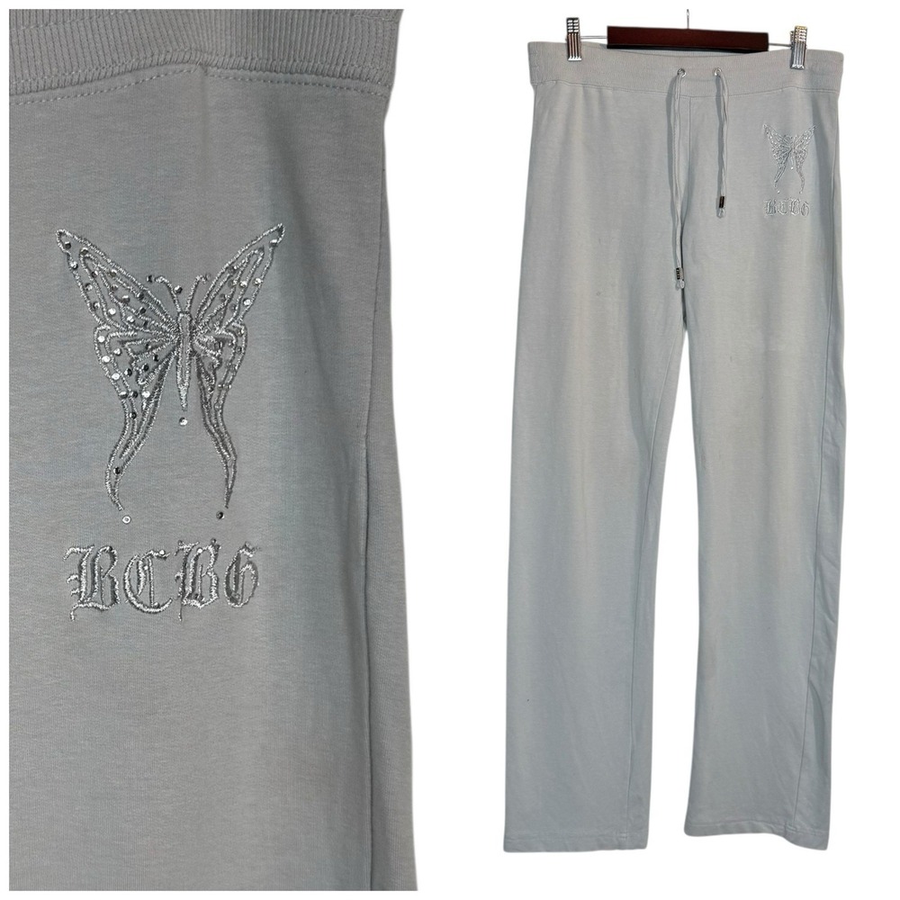 BCBG Track Pants M Y2K Glitter Embroidered Butterfly 2000s Low Rise Stretch